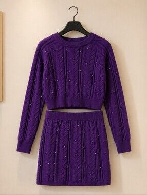 Women's Cable Knit Mini Skirt with Polished Purple Pearls
